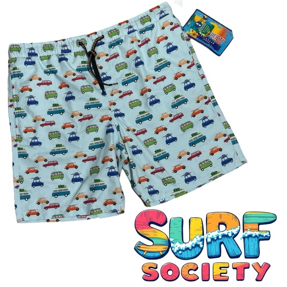 Surf Society Men’s Size Large Retro Cars Swim Trunks Board Shorts - Picture 1 of 8